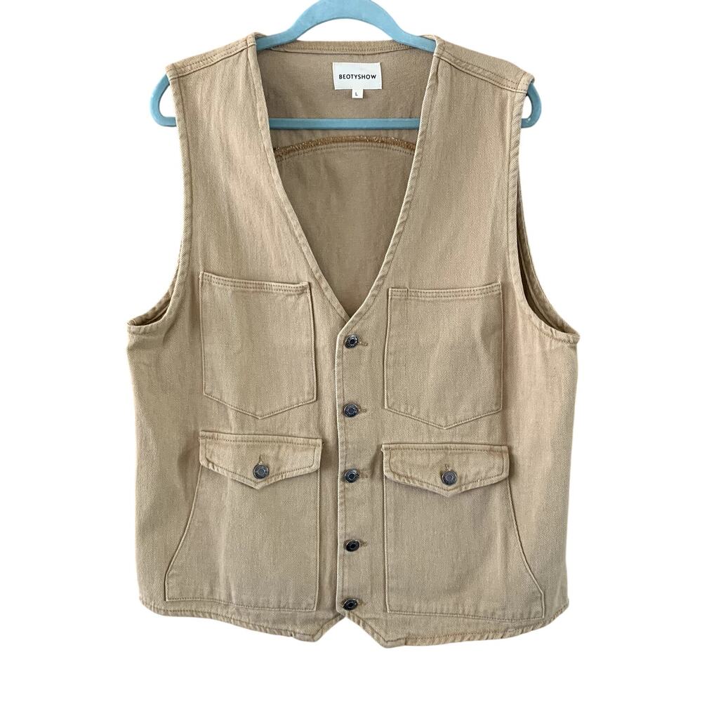 BEOTYSHOW Vest Men's SZ L Western Style 100% Cotton Khaki Utility Pockets Work